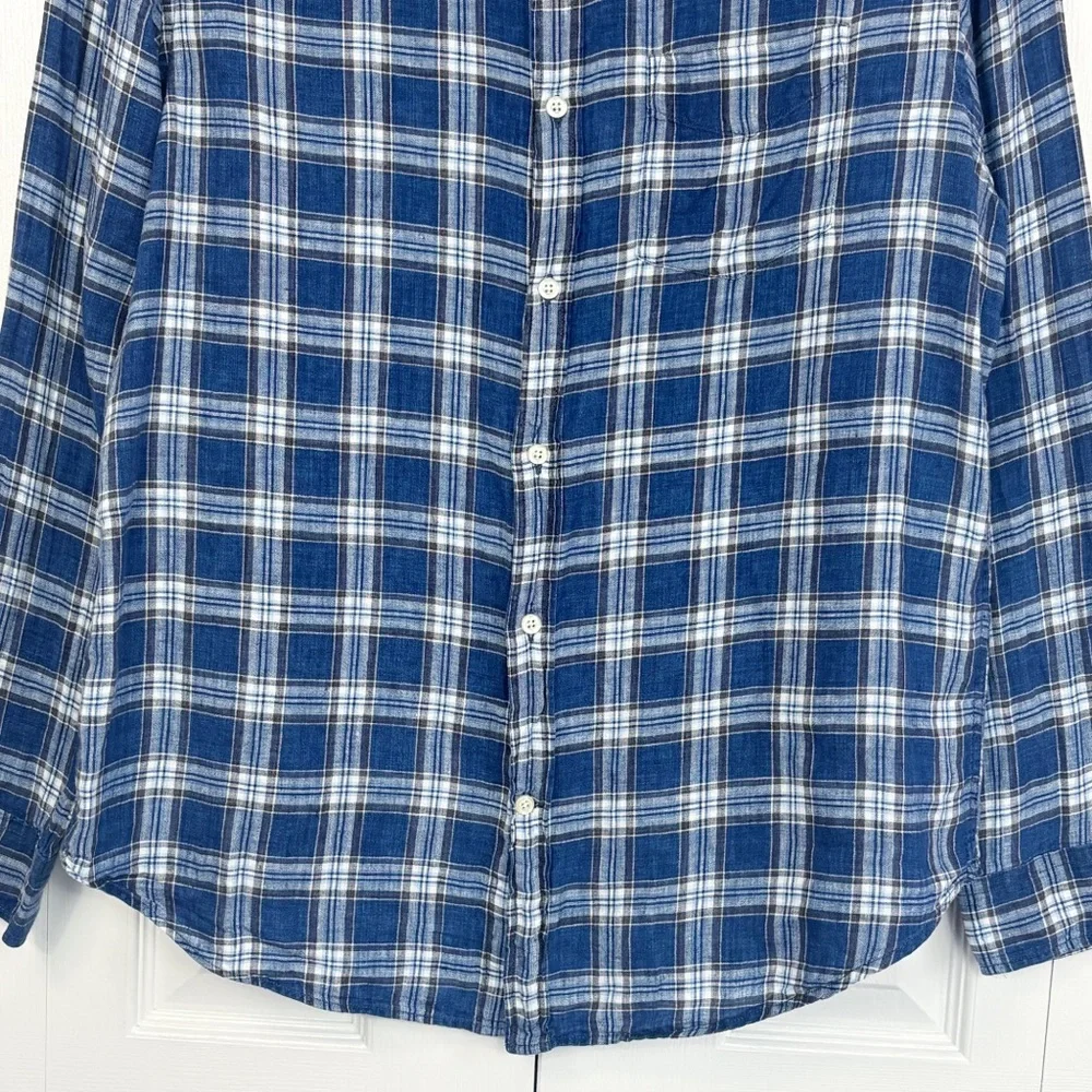 Banana Republic Blue Plaid 100% Linen Camden Standard Fit Shirt Large